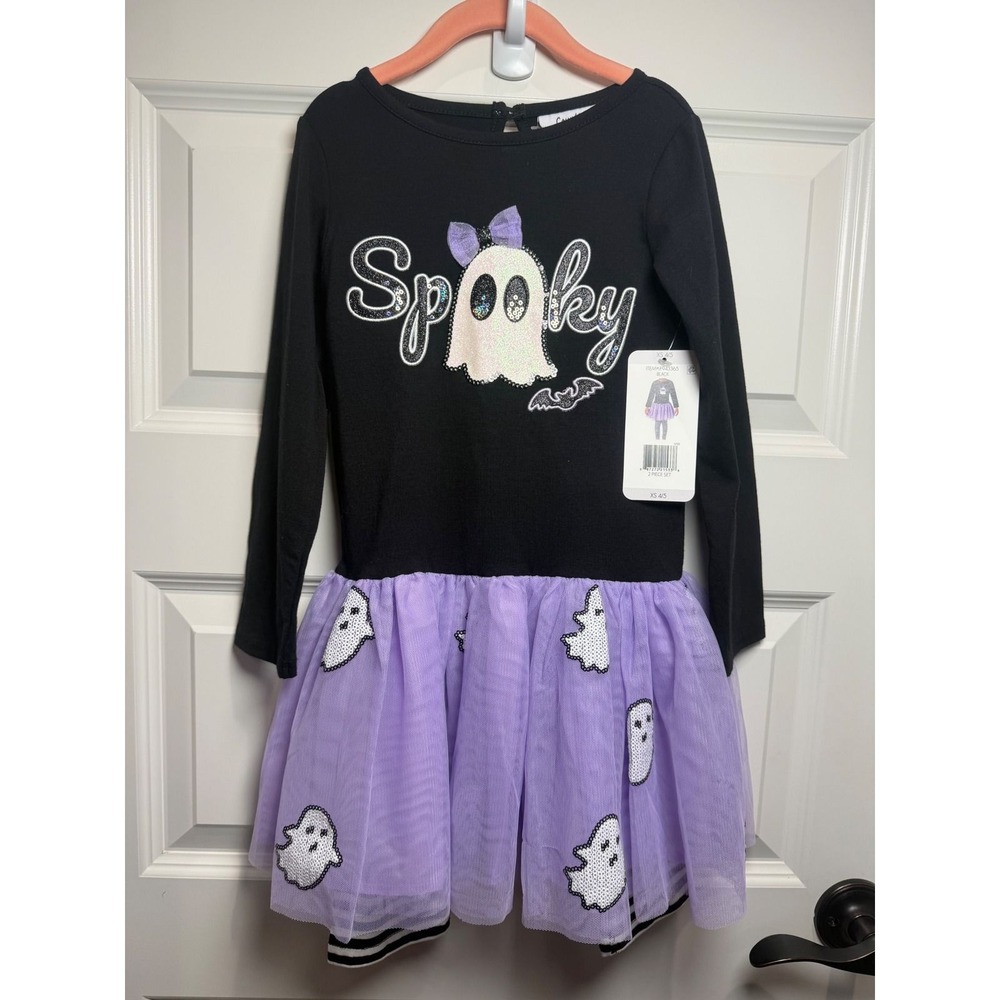Celebrate Halloween Girls Spooky Ghost Tutu Dress Leggings Set Black Purple 4/5